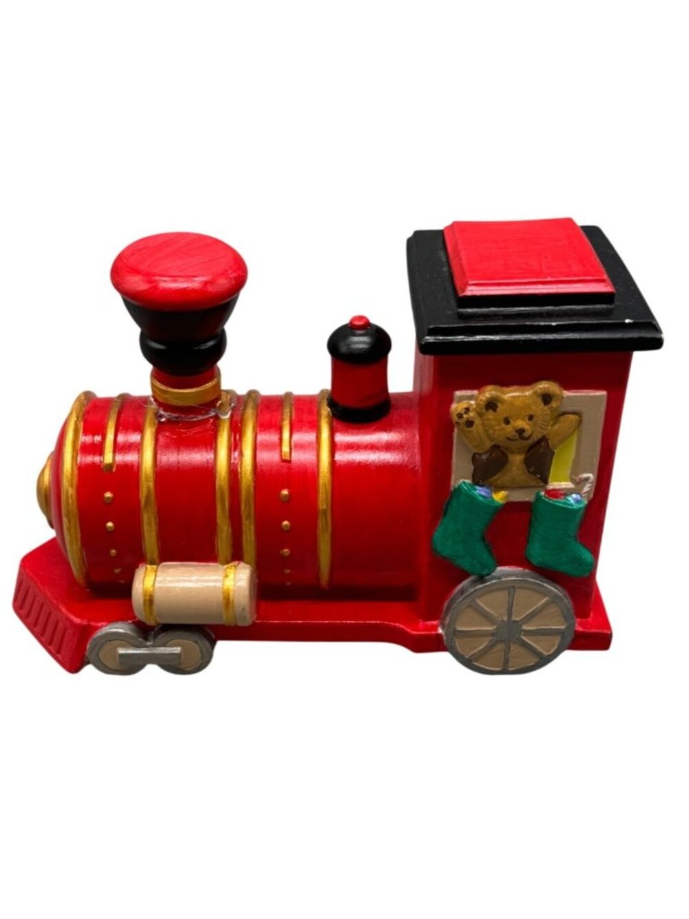 Hand-Painted Christmas decor figurine Train ceramic bear stocking red gold READ